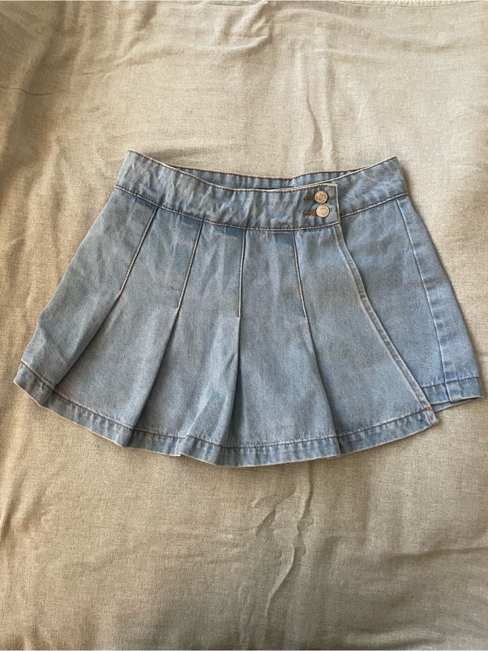 Light Blue Pleated Denim Skort with Button Detail - Women's Shorts